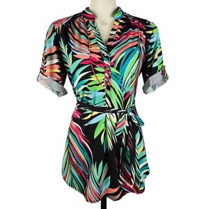 PerSeption Concept Women's Tropical Leaf Print Tunic Shirt Dress Belted Medium